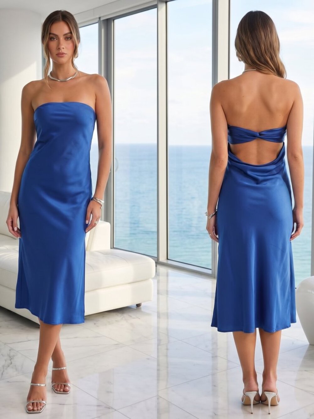 NWT LULU'S Effortless Bliss strapless satin cowlneck plunge back midi dress L